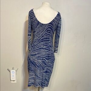 Blue and White Sheath Dress with Bateau Neckline and low back